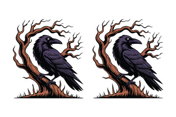 Naklejka premium Black Raven Perched in Twisted Dead Tree Vector Illustration Isolated on White Background