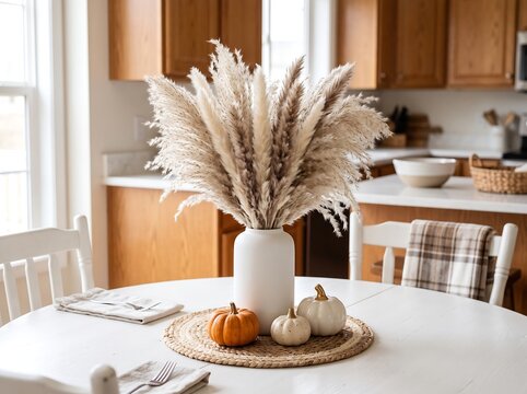 Autumnal kitchen table setting with pumpkins and pampas grass