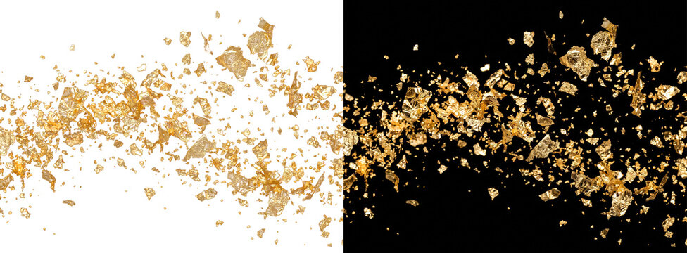 Luxury Gold Glitter Particles and Foil Fragments Scattered on Dual Contrast Background