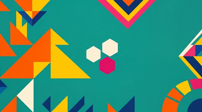 Vibrant teal geometric pattern with overlapping triangles and abstract white spheres for modern design
