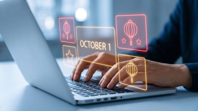 Hands typing on laptop keyboard with china national day october 1 neon hologram, lantern and star display, festive chinese holiday technology concept for corporate office desk