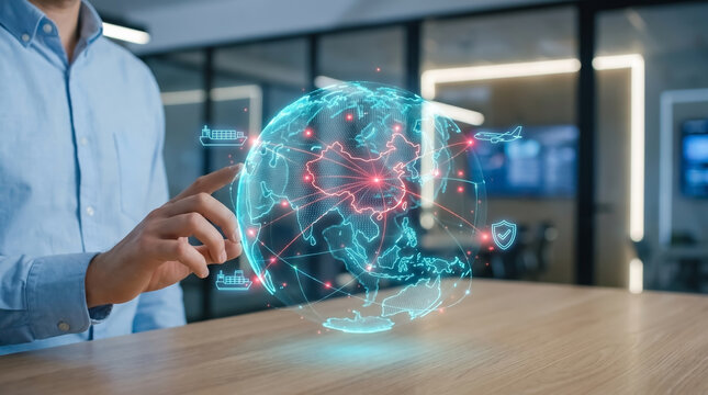 China global business technology digital world network map connection future concept showing man touching hologram of globe in modern office for international trade and logistics industry.