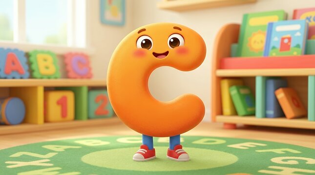Cute cartoon character of the letter C featuring small legs with a joyful smiling face for early educational learning letter character mascot cartoon alphabet education fun kids learning preschool