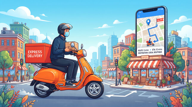 Delivery person on scooter with package in city street, phone shows map, representing fast and efficient urban delivery services and e-commerce.