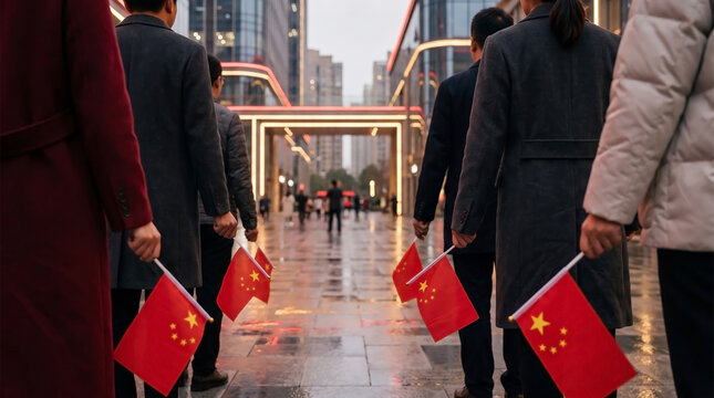 Group of people walking together on a modern city street holding small chinese flags for patriotic holiday celebration event and cultural community pride, china national day concept.