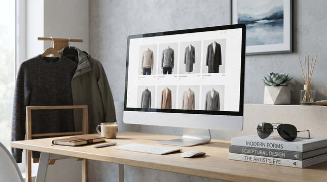 Desktop scene with computer displaying online clothing store, showcasing apparel, representing e-commerce, modern lifestyle and design