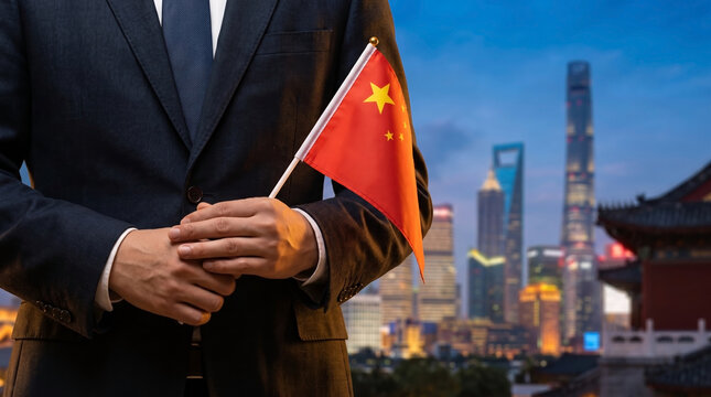 Close up of professional businessman in suit holding small china national flag against modern city skyline architecture at twilight for patriotic celebration and national day holiday event.