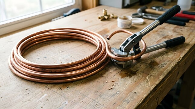 Manual tube bender tool shaping soft copper pipe coil on wooden workbench in plumbing workshop with tools around