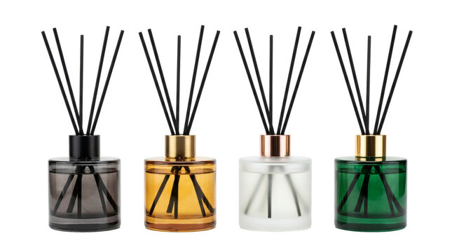 Set of four glass reed diffuser bottles with black aroma sticks in amber, clear, and green colors isolated on transparent background.