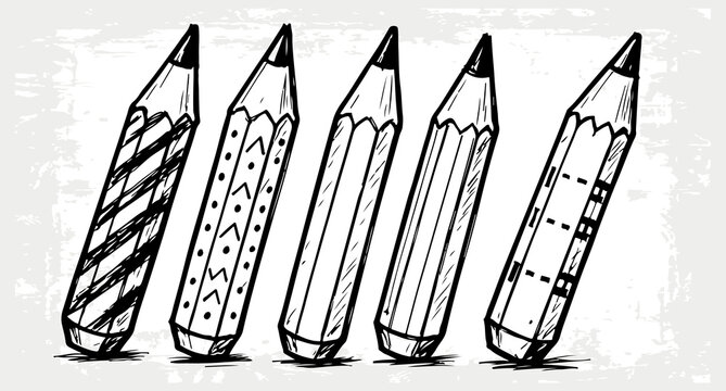 Collection of various pencils, sharpened and unsharpened, in a hand-drawn doodle outline style.
