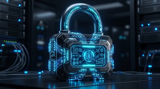 Cybersecurity digital padlock protecting sensitive data within server room environment