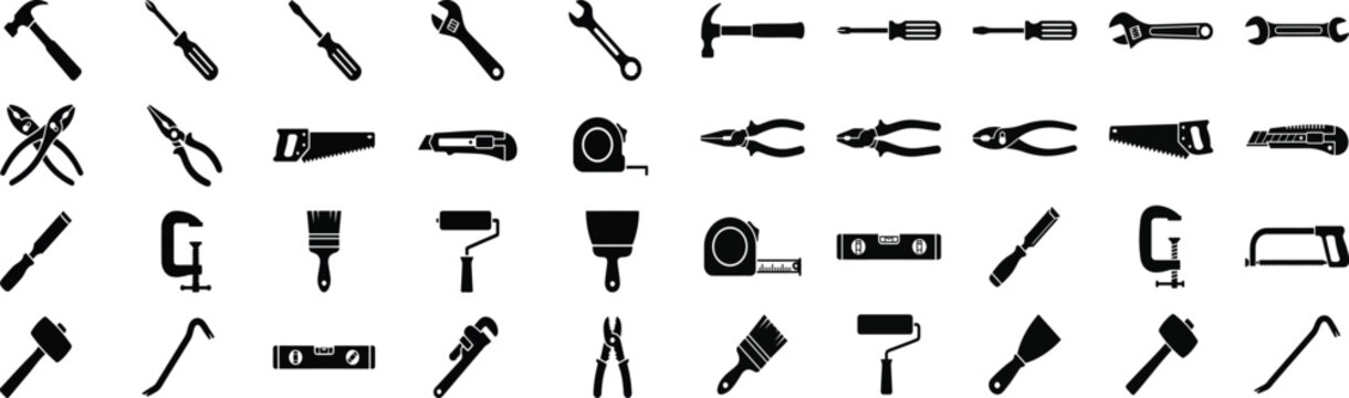 Set of black silhouette construction icons for home improvement projects and professional repair and maintenance work