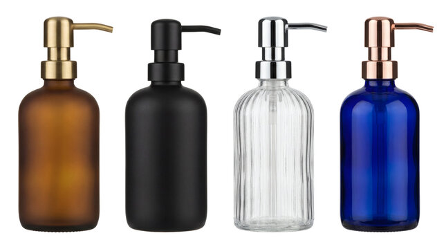 Set of four glass liquid soap dispenser bottles with pumps in amber, black, clear, and blue colors isolated on transparent background.