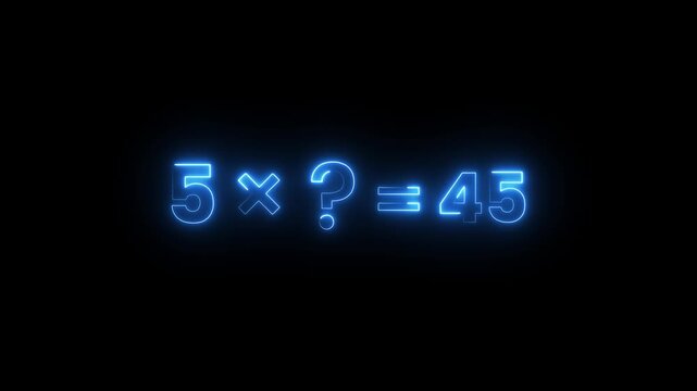 Neon blue multiplication math equation flickering on dark black background motion footage.