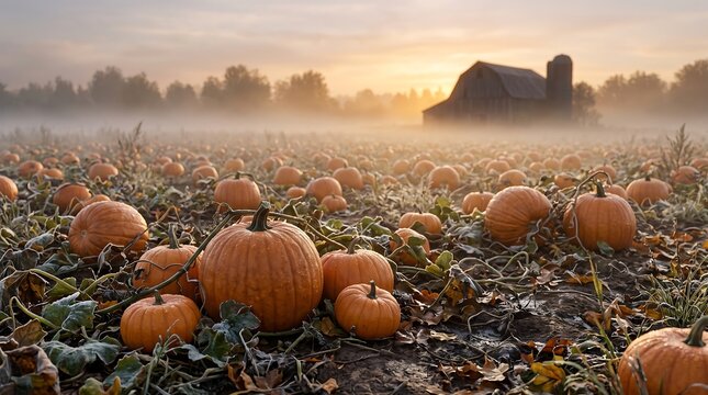 Pumpkin patch at sunrise with foggy rural farm landscape for Halloween seasonal background