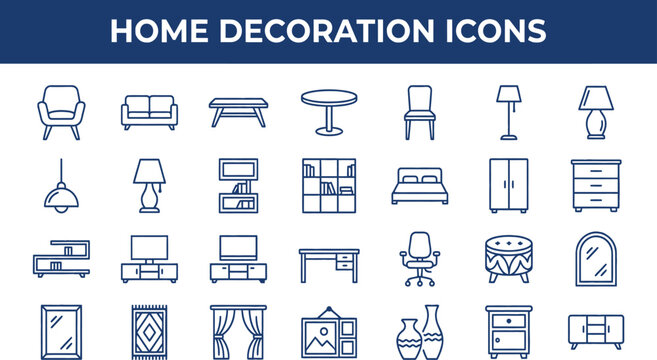 Set of modern line art icons for home improvement and interior design furniture and home decoration elements