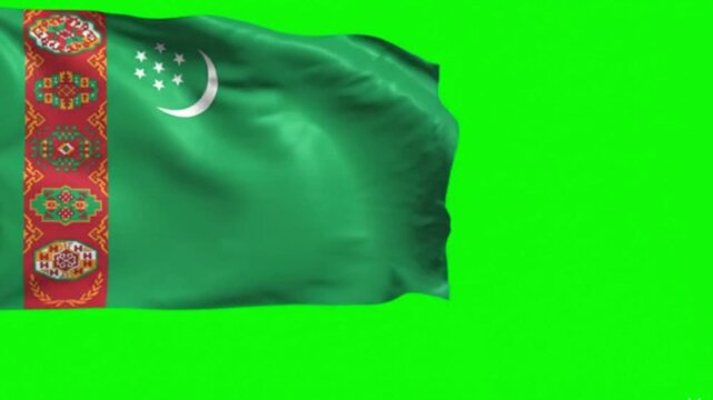 Turkmenistan Flag Waving on Green Screen, Chroma Key Background