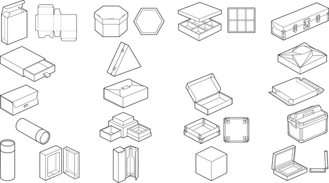 Packaging boxes containers and structural package designs technical line art collection
