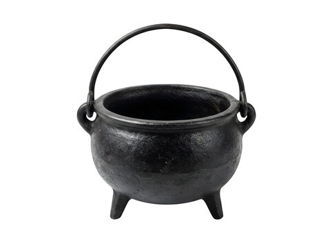 Black cast iron cauldron with metal handle used for magical potions or cooking traditional stews displayed on transparent background