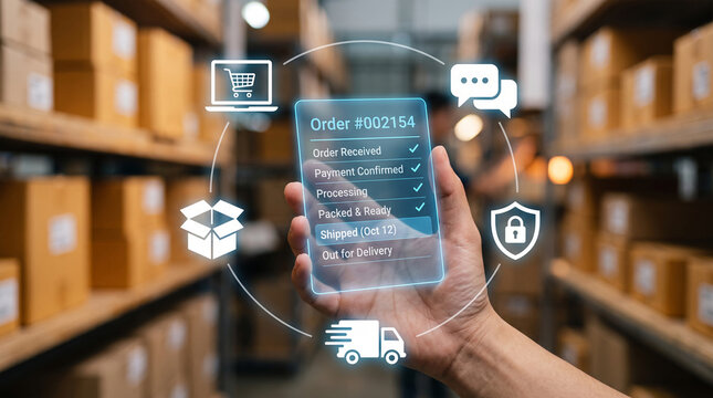 Hand holding a holographic display showing order status with icons for shopping, shipping, and security, symbolizing e-commerce logistics and tracking