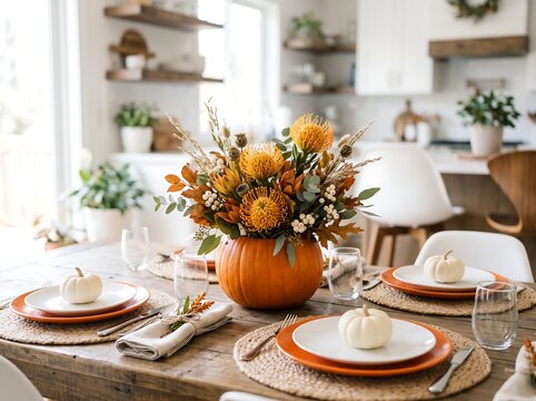 Autumnal Thanksgiving dinner table with pumpkin centerpiece and seasonal decor