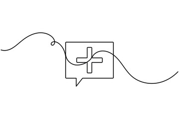 Obraz premium Medical cross inside a chat speech bubble icon sign continuous one line drawing on white background minimalist professional health care and communication symbol editable outline vector illustration
