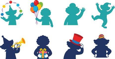 Obraz premium Colorful clown silhouette vector set with party, celebration, and entertainment activities in flat design