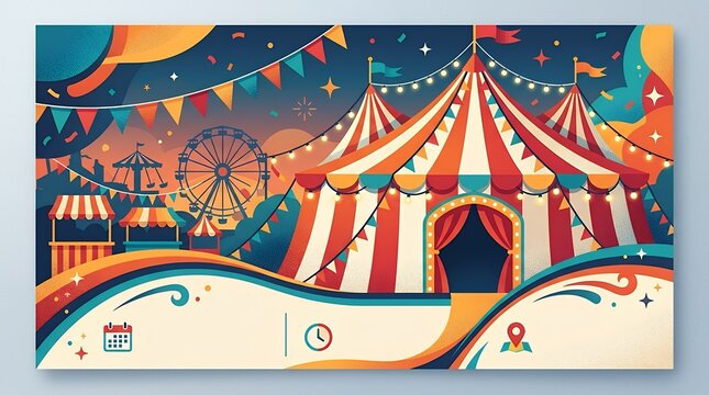 Entertainment festival promotional banner featuring classic big top circus tent with decorative bunting flags modern event flyer placard template design circus tent big top entertainment festival