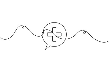 Obraz premium Medical cross inside a chat speech bubble icon sign continuous one line drawing on white background minimalist professional health care and communication symbol editable outline vector illustration