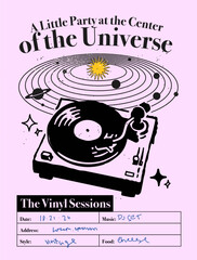 Fototapeta na wymiar Vinyl party music poster template with DJ set layout. Hand drawn retro turntable record player vector illustration for party flyer, music festival, and event announcement