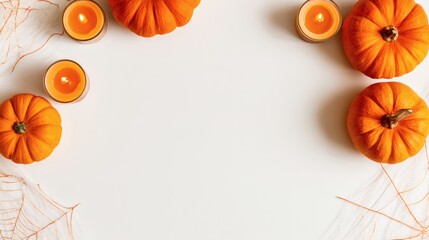 Fototapeta premium Small pumpkins and lit candles on white background with copy space, autumn Thanksgiving or Halloween flat lay border decoration