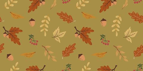 Obraz premium seamless pattern with autumn leaves and viburnum hand drawn