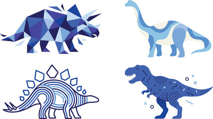 Blue Dinosaur Graphic Design Set Featuring Low Poly Triceratops, Abstract Brachiosaurus, Monoline Stegosaurus, and Geometric Tyrannosaurus Rex Vector Illustration © Abul
