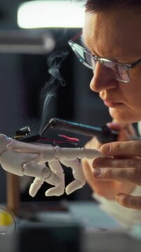 Robotic hand connected to wires is examined by a researcher in a white lab coat inside a lab, surrounded by monitors and boards, reflecting science, technology and robotics - robotics research idea
