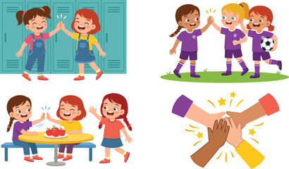 Fototapeta premium Cute Children Character Set Giving High Five Celebrating School Friendship, Sports Teamwork, Unity Hands Stack, and Sharing Lunch Flat Vector Illustration
