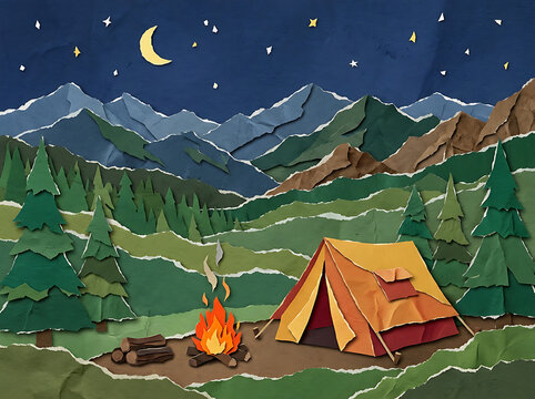 Paper craft camping landscape illustration featuring a tent campfire pine trees mountain range moon and starry night sky campfire mountains papercraft landscape