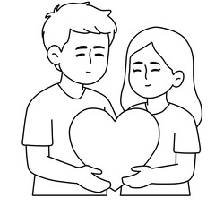 Young couple holding heart shape line art coloring page vector