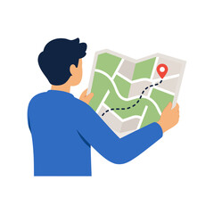 Man holding and navigating a paper map with a route destination pin © Sajjad