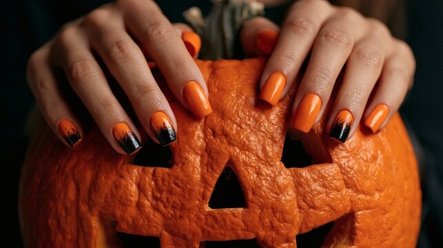 Woman with orange and black Halloween manicure holding carved pumpkin, festive nail art close-up on jack-o-lantern face