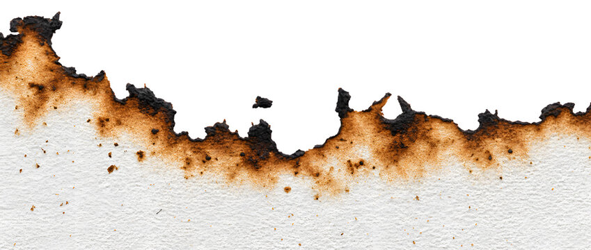 A detailed macro view of a charred burnt paper margin featuring brown and black scorched textures along a ragged edge isolated on white background.