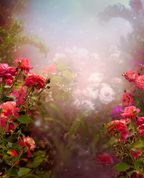 Whimsical fantasy vertical background with blooming rose flowers in fairy tale magical garden, fairytale glade wallpaper, amazing magic tranquil misty landscape template, whimsy scene with copy space.
