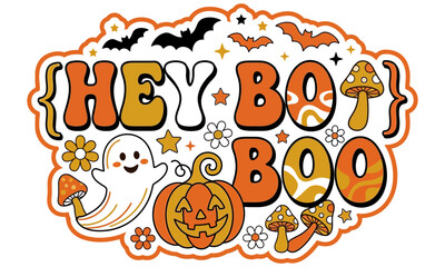 Fototapeta premium Retro Groovy Halloween Sticker Design Featuring Cute Ghost Pumpkin And Mushroom Graphics