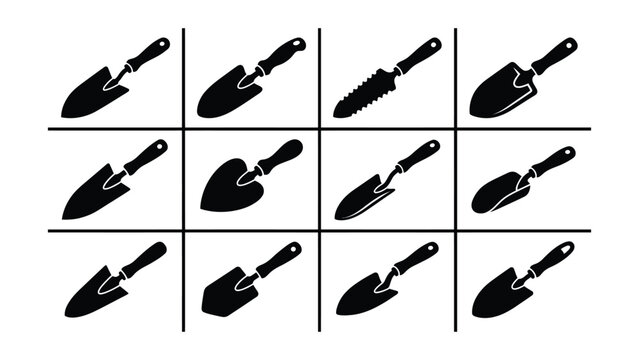 Set of twelve garden trowel icons in black and white