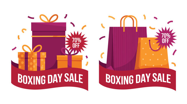 Boxing Day special sale banners with burgundy gifts and shopping bags offering 70 percent off