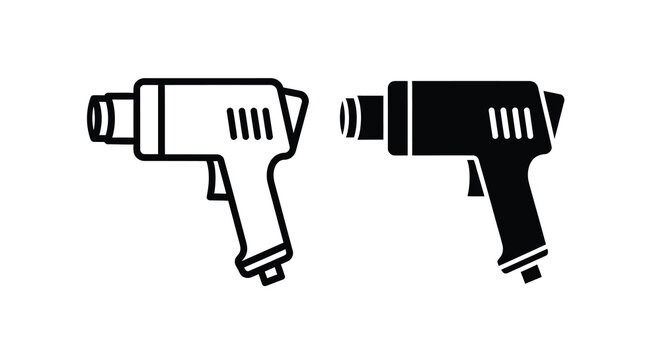 Two depictions of a pneumatic riveting hammer one black and one white are shown as silhouettes rivetinghammer pneumatictool