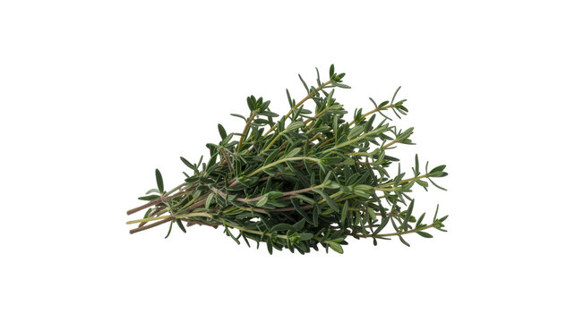 A fresh bundle of green thyme herbs with small aromatic leaves and thin woody stems, lying horizontally on a plain white background surface
