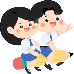 Happy students riding a giant pencil together