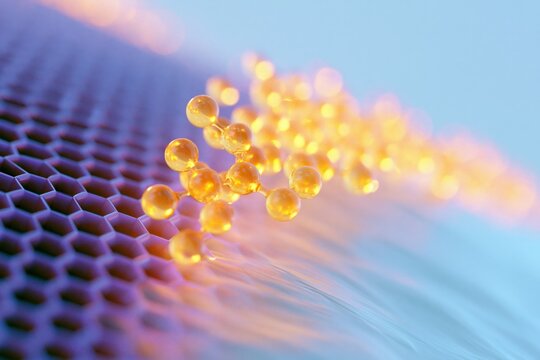 Closeup abstract honeycomb with glowing golden spheres on blue and purple surface for technology background and banner wallpaper
