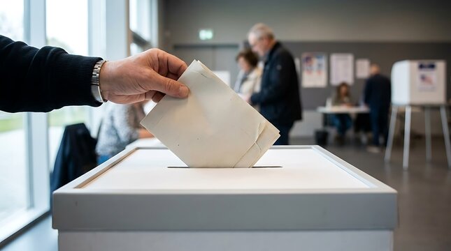 A person casting their vote by inserting a ballot paper into a white voting box at a polling station