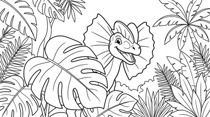 Coloring Page of a Friendly Triceratops in a Jungle © Niyamat